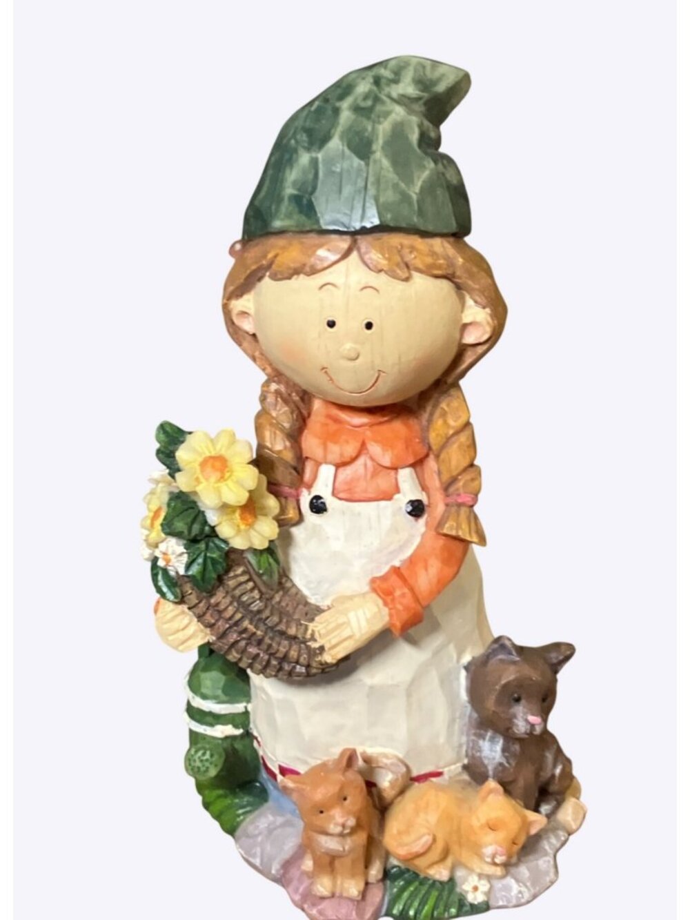 Enchanted Garden Girl Figurine With Cats and  Basket Of Flowers